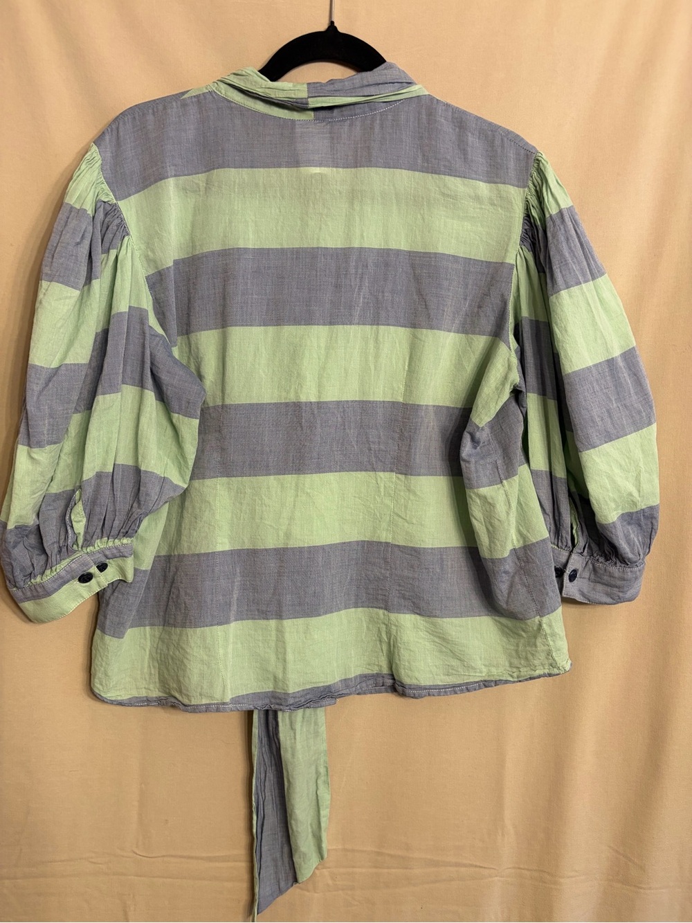 Tawni Haynes Striped Tie-Neck Puff-Sleeve Blouse - Green and Blue - Picture 7 of 9